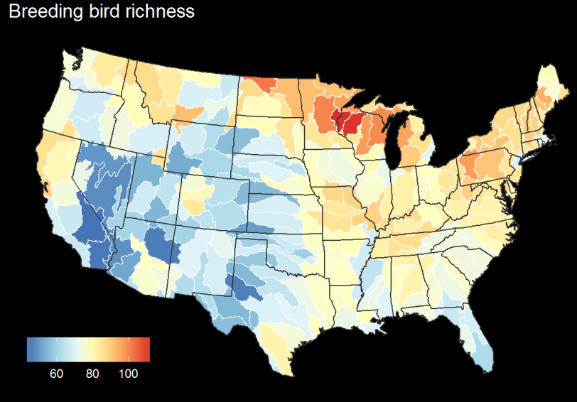 Breeding bird diversity by USGS HUC4 unit - figure by QDR